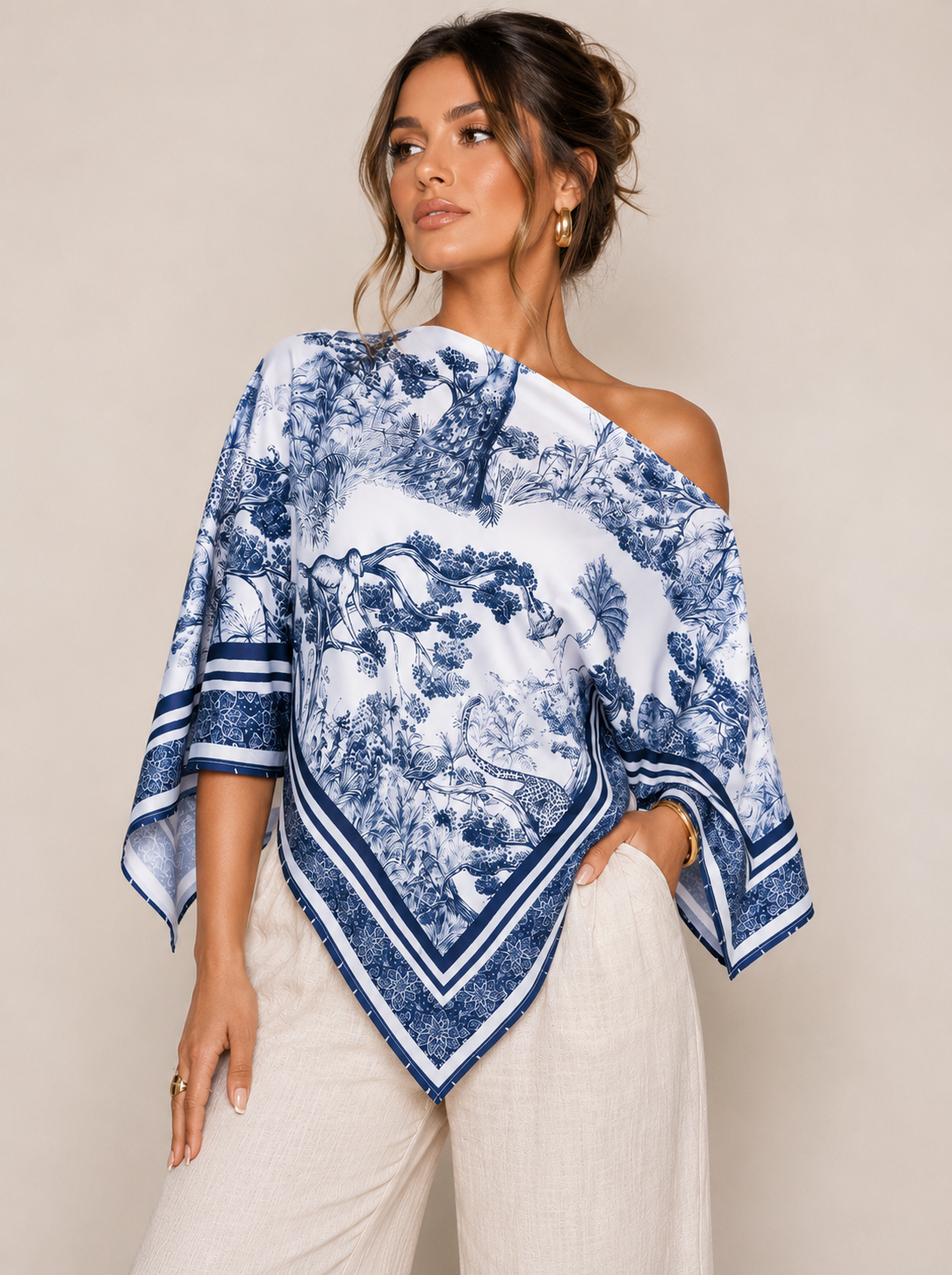 Olyvane | Elegant Asymmetrical Printed Blouse