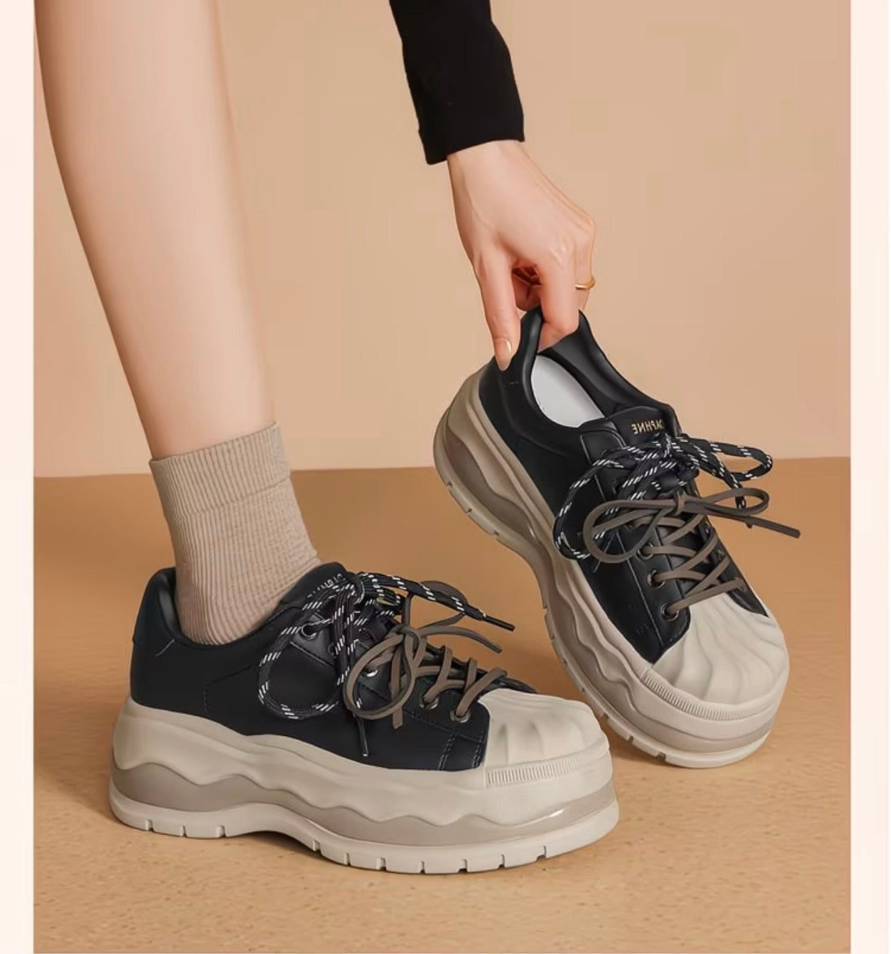 Brown Chunky Platform Sneakers with Ribbed Toe Detail