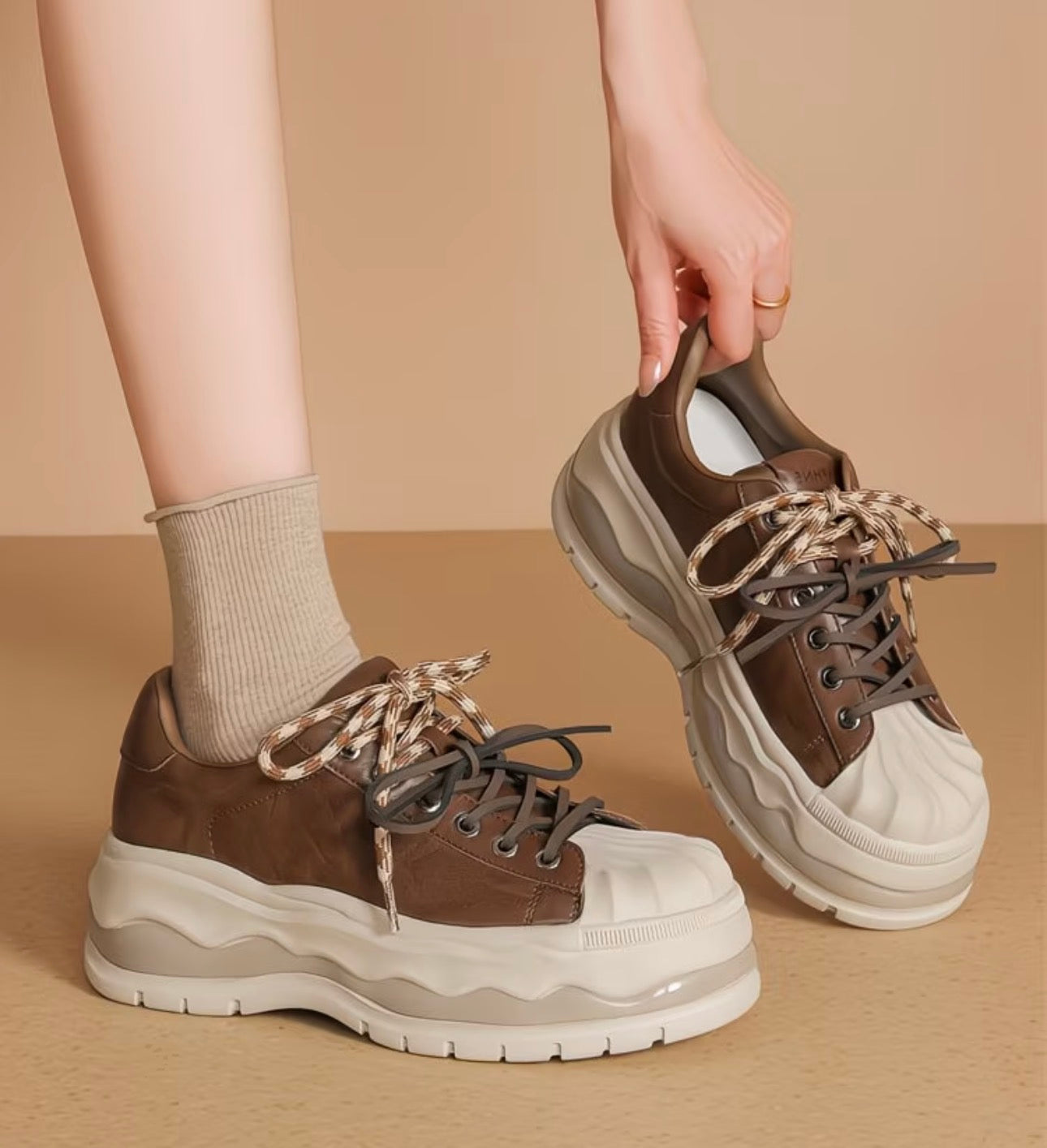 Brown Chunky Platform Sneakers with Ribbed Toe Detail