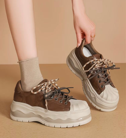 Brown Chunky Platform Sneakers with Ribbed Toe Detail