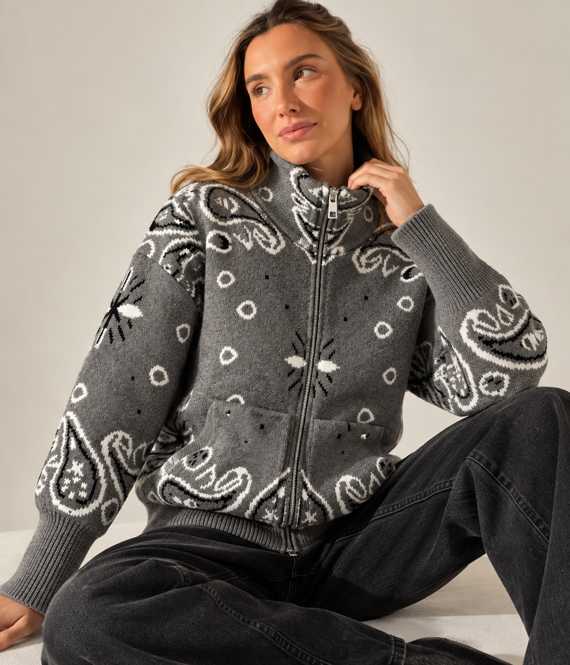Paisley Zip Knit Cardigan