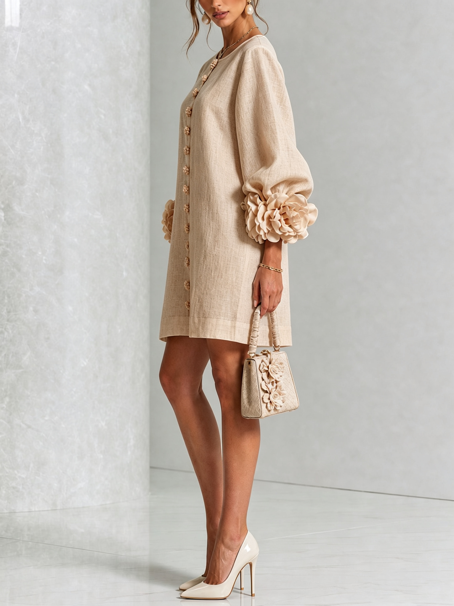 Silvia | Floral Cuff Button Mini Dress