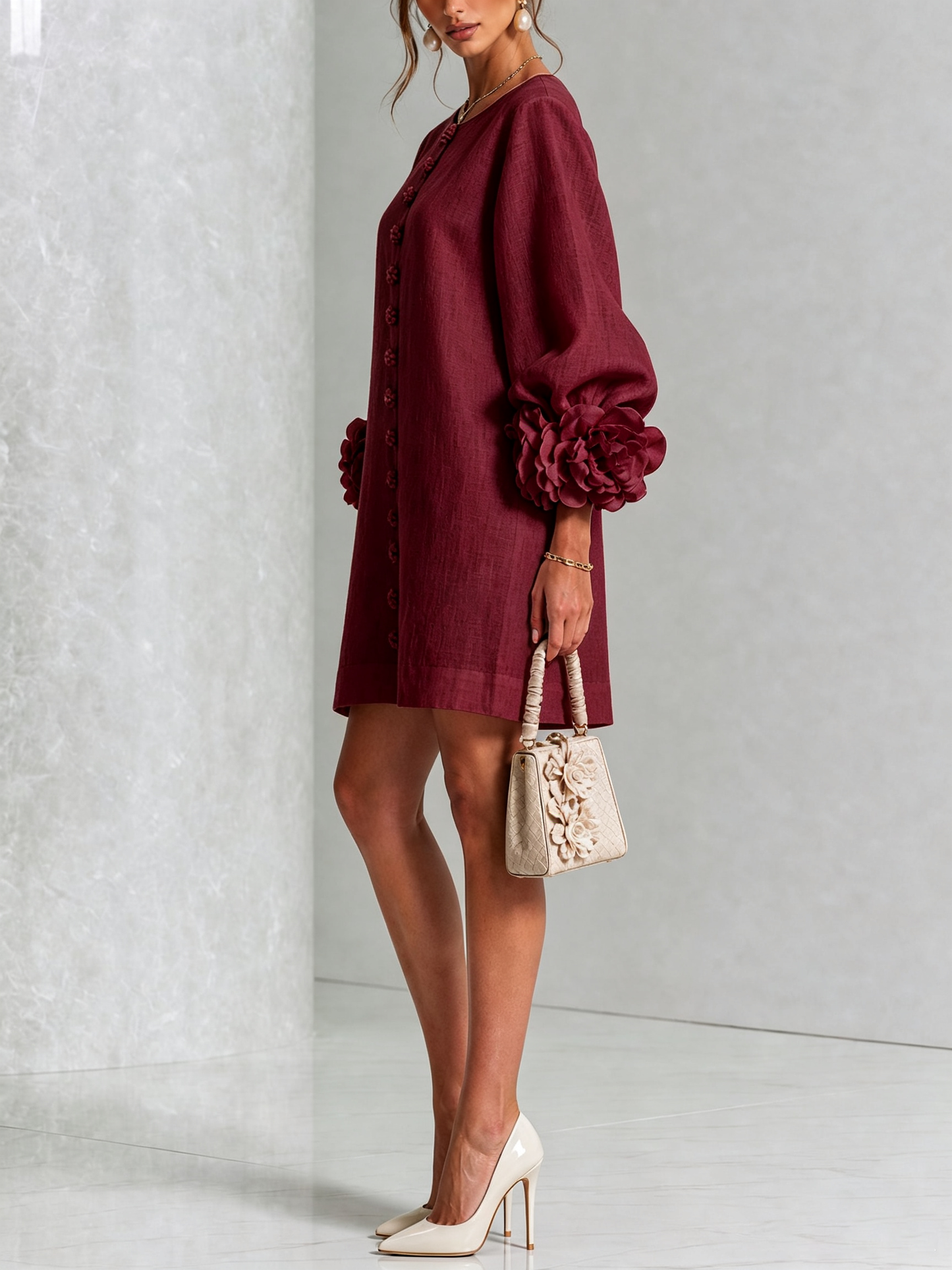 Silvia | Floral Cuff Button Mini Dress