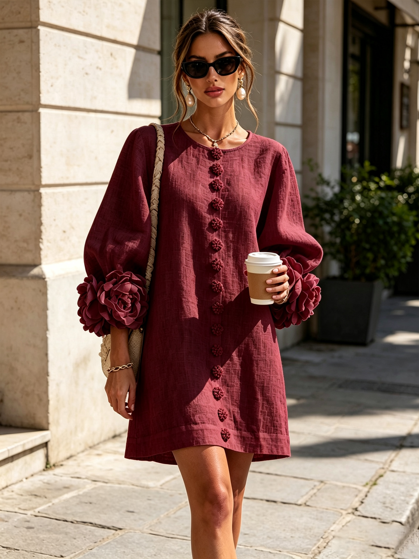 Silvia | Floral Cuff Button Mini Dress
