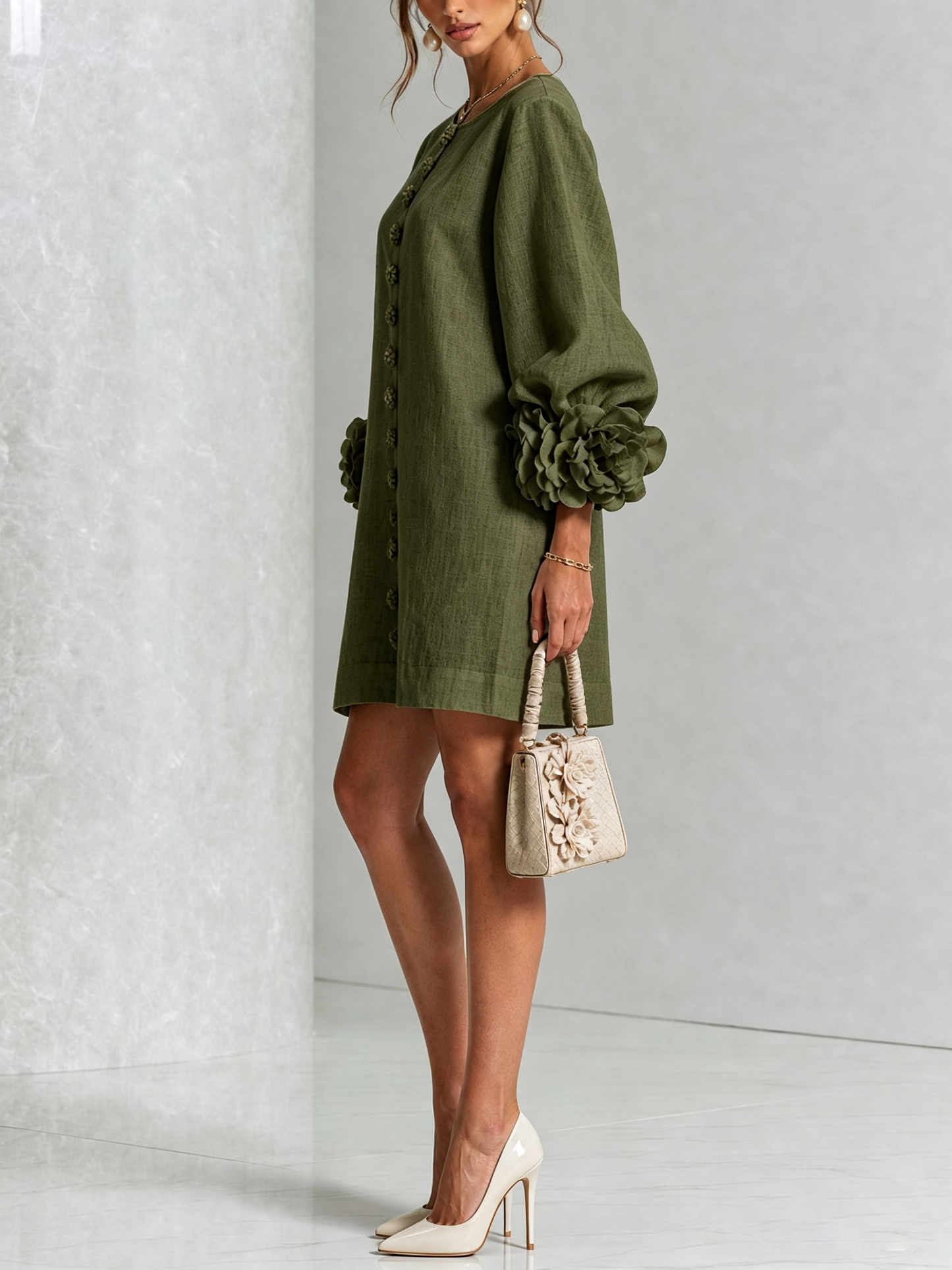Silvia | Floral Cuff Button Mini Dress