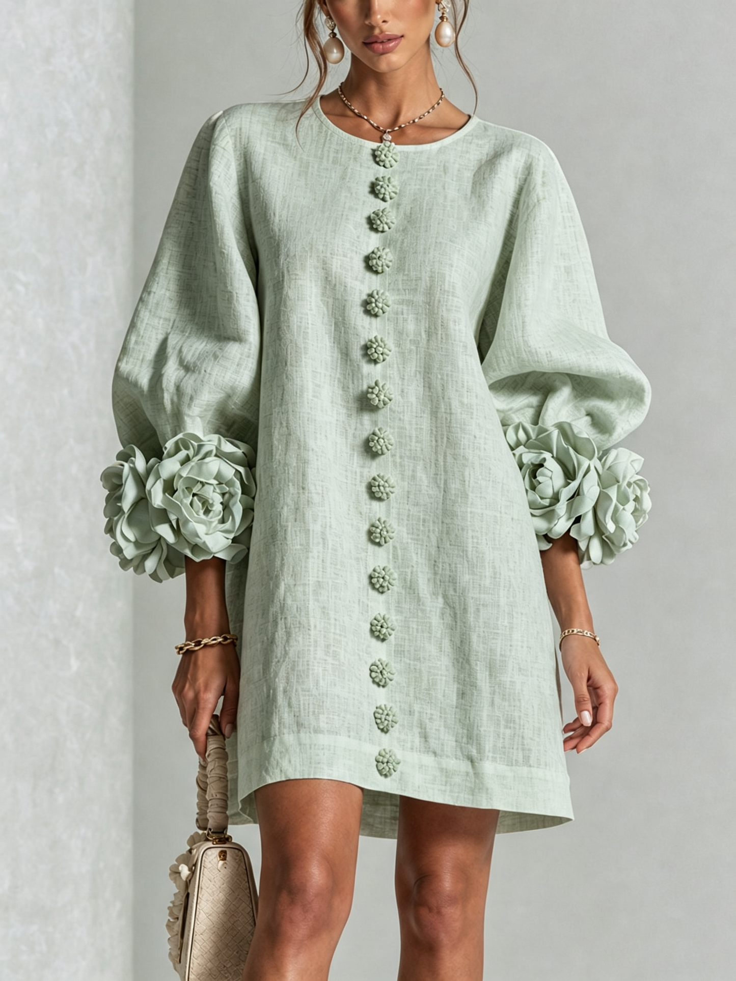 Silvia | Floral Cuff Button Mini Dress