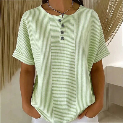 Elodie Gestreepte Blouse - Ronde Hals met Knoopdetail