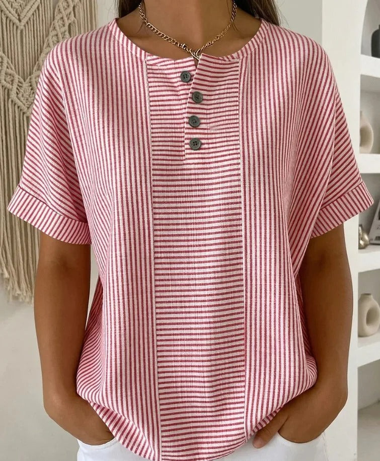 Elodie Gestreepte Blouse - Ronde Hals met Knoopdetail